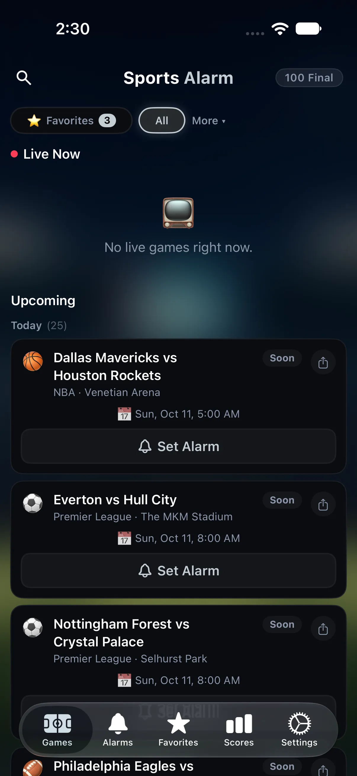 Sports Alarm app, Games tab with upcoming matchups