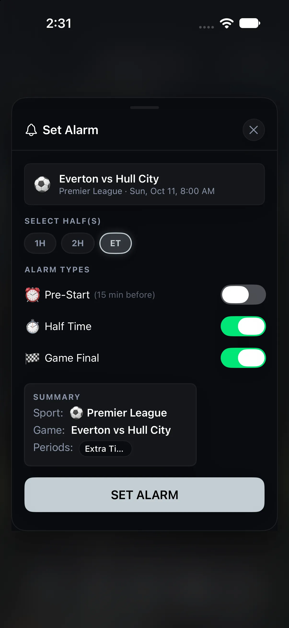 Soccer alarm setup screen