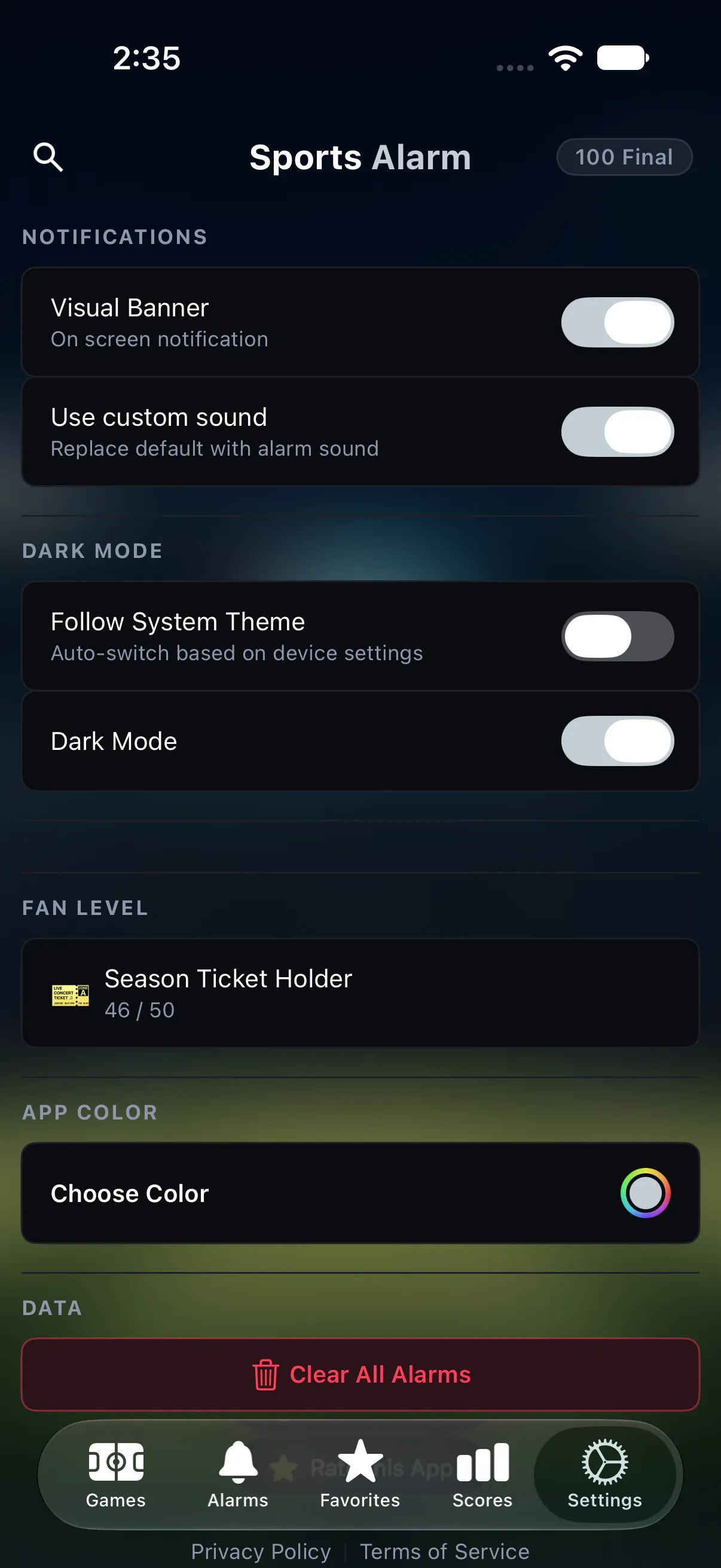 Settings screen