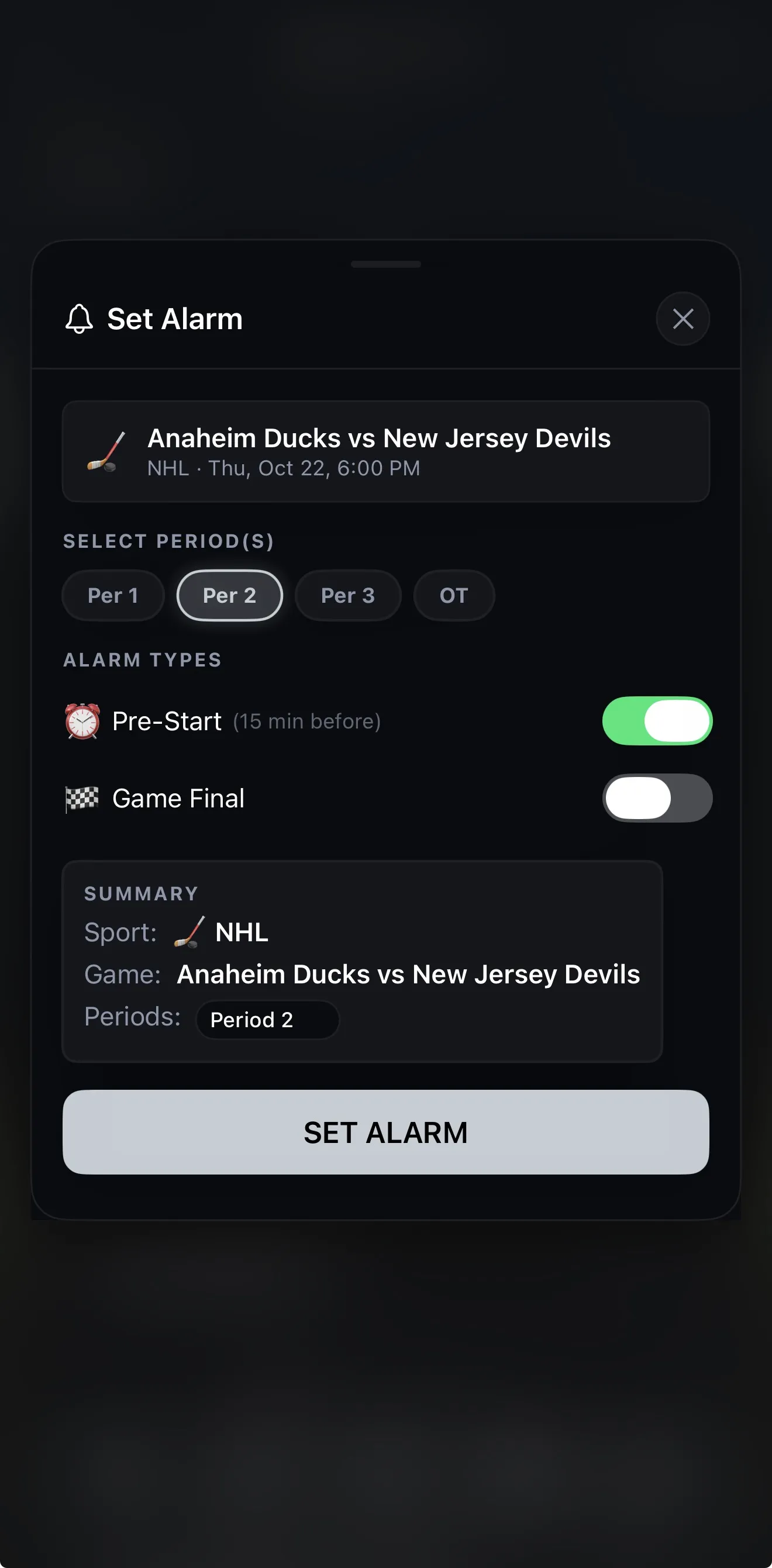 Setting Pre-Start and Period 2 alarms for Ducks vs Devils